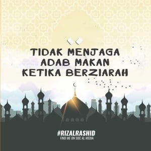 Tidak menjaga adab makan ketika berziarah Datang beraya je, mesti ada makanan yang dihidangkan. Sedap memanglah sedap, tapi kena ingat, ya. Makanlah secara bersopan dan jangan gelojoh. Jika kuihnya berbalut, buanglah pembalut tersebut ke dalam bekas yang disediakan atau tong sampah. Jika tidak jumpa, masukkan di dalam poket dan buang kemudian. Jangan sesekali membuang pembalut sesuka hati sehingga berterbangan entah ke mana. Air pula tuanglah elok-elok, jangan sampai tertumpah. Kalau ada anak kecil, awasi tingkah laku mereka. Kalau ada makanan atau air yang tertumpah, segera minta maaf pada tuan rumah dan bersihkan mana yang mampu. Tolonglah jangan gunakan alasan, “Ala tak apa. Namanya pun budak lagi.” Bukan begitu caranya, wahai ibu dan bapa. Masihkah kita ingat pada peribahasa ‘melentur buluh biarlah daripada rebungnya’?